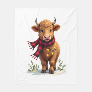 Vintage Christmas Highland Cow with Buffalo Plaid Fleece Blanket