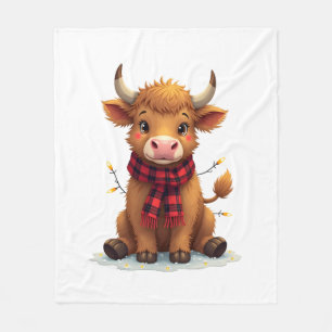 Vintage Christmas Highland Cow with Buffalo Plaid Fleece Blanket