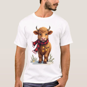 Vintage Christmas Highland Cow with Buffalo Plaid  T-Shirt