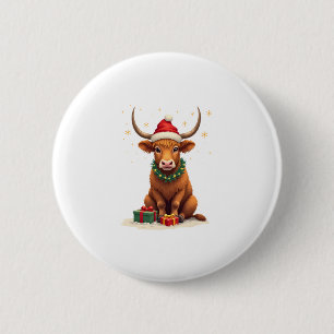 Vintage Christmas Highland Cow with Gifts Cute Hol 6 Cm Round Badge