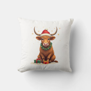 Vintage Christmas Highland Cow with Gifts Cute Hol Cushion
