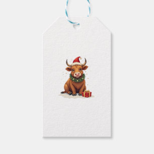 Vintage Christmas Highland Cow with Gifts Cute Hol Gift Tags