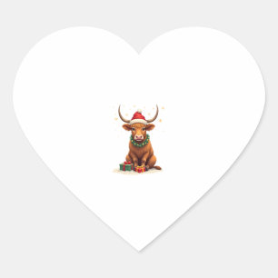Vintage Christmas Highland Cow with Gifts Cute Hol Heart Sticker