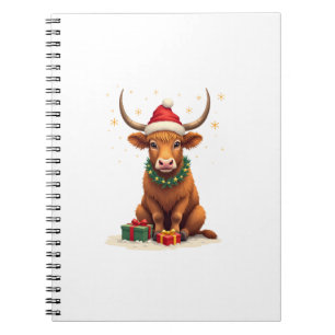 Vintage Christmas Highland Cow with Gifts Cute Hol Notebook