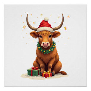 Vintage Christmas Highland Cow with Gifts Cute Hol Poster