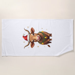 Vintage Christmas Highland Cow with Santa Hat and  Beach Towel