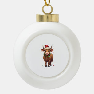 Vintage Christmas Highland Cow with Santa Hat and Ceramic Ball Christmas Ornament
