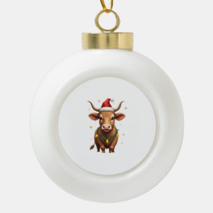 Vintage Christmas Highland Cow with Santa Hat and Ceramic Ball Christmas Ornament