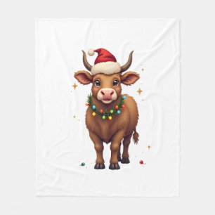 Vintage Christmas Highland Cow with Santa Hat and Fleece Blanket