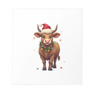 Vintage Christmas Highland Cow with Santa Hat and Notepad