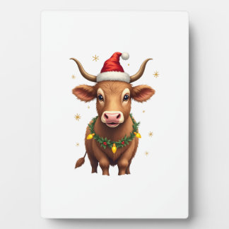 Vintage Christmas Highland Cow with Santa Hat and  Plaque