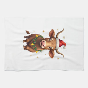 Vintage Christmas Highland Cow with Santa Hat and  Tea Towel