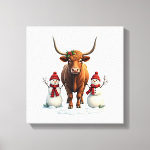 Vintage Christmas Highland Cow with Snowmen Red Pl Canvas Print