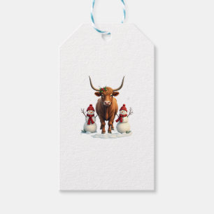 Vintage Christmas Highland Cow with Snowmen Red Pl Gift Tags