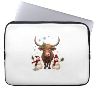 Vintage Christmas Highland Cow with Snowmen Red Pl Laptop Sleeve