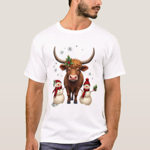 Vintage Christmas Highland Cow with Snowmen Red Pl T-Shirt