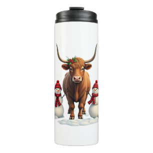 Vintage Christmas Highland Cow with Snowmen Red Pl Thermal Tumbler