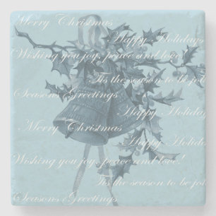 Vintage Christmas holiday bells blue neutral Stone Coaster