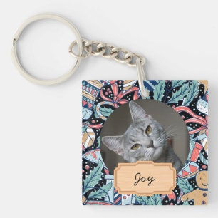 vintage christmas holiday Custom cat Photo Key Ring
