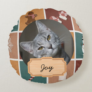 vintage christmas holiday Custom cat Photo Round Cushion