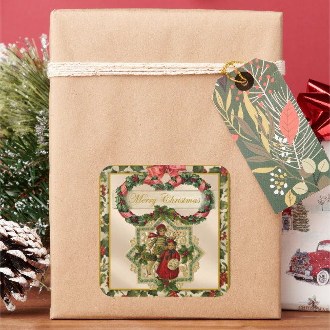 vintage Christmas Holiday kids  Square Sticker (Holiday)