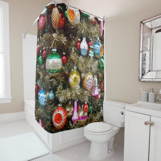 Vintage Christmas Holiday Ornaments Shower Curtain (In Situ)