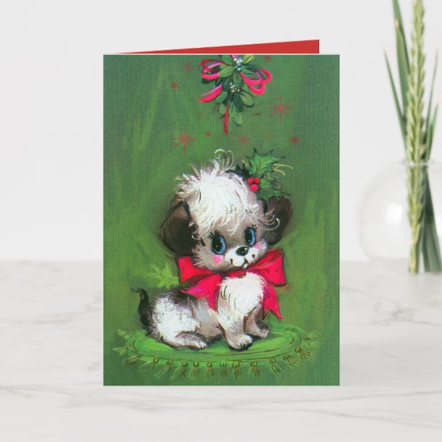 Vintage Christmas Holiday puppy retro card (Front)