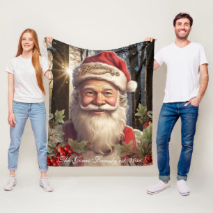 Vintage Christmas holiday Santa Claus woodland Fleece Blanket