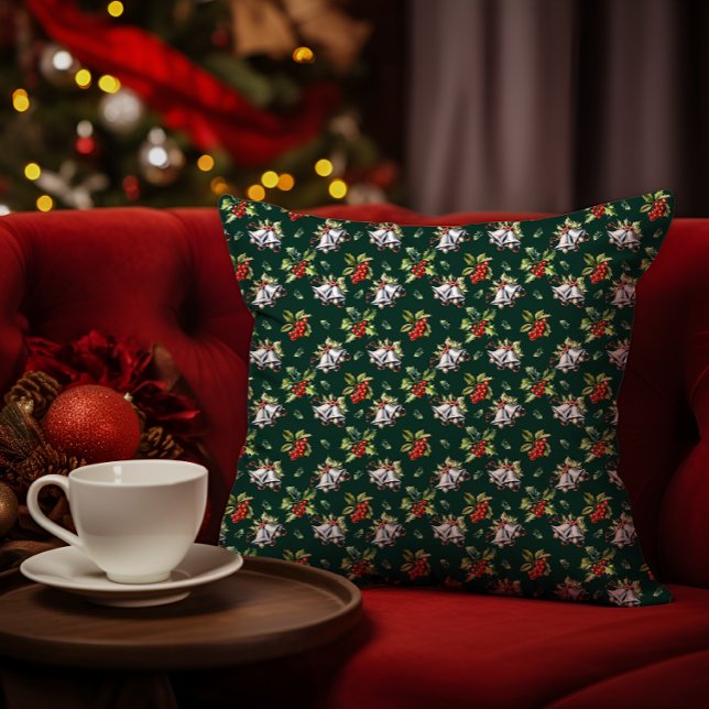 Vintage Christmas Holiday Silver Bells and Holly Cushion (Vintage Christmas Holiday Silver Bells, Holly and Berries Dark Green Throw Pillow)