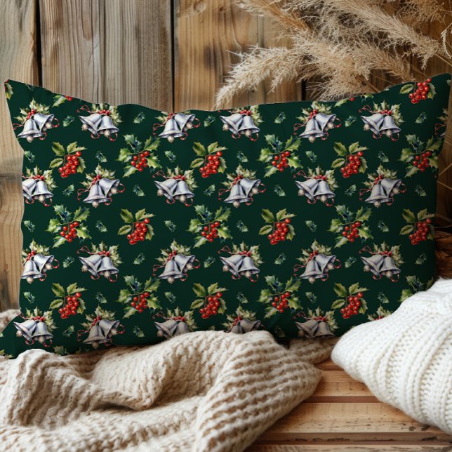 Vintage Christmas Holiday Silver Bells and Holly Pillowcase (Vintage Christmas Holiday Silver Bells, Holly and Berries Dark Green Pillow Case)