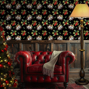Vintage Christmas Holiday Silver Bells and Holly Wallpaper