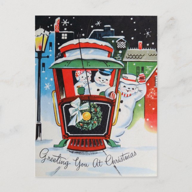 Vintage Christmas Holiday snowman family postcard (Front)