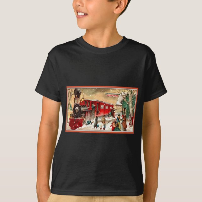 Vintage Christmas Holiday Train Station T-Shirt (Front)