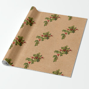 Vintage Christmas Holly and Berries Wrapping Paper