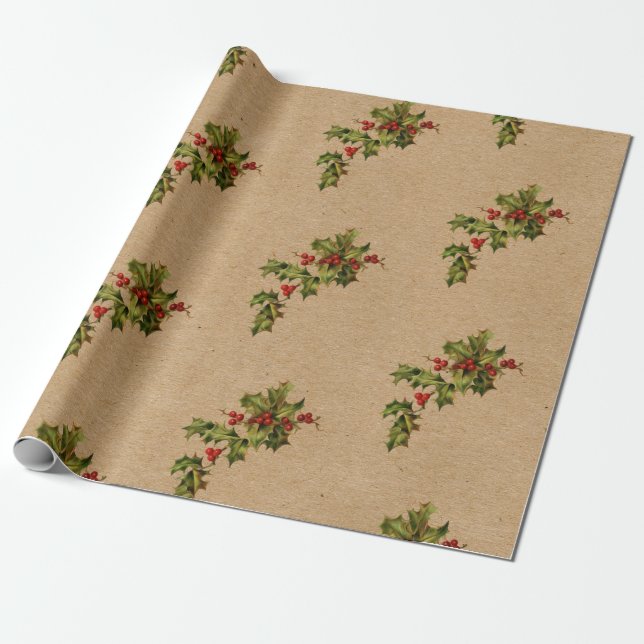 Vintage Christmas Holly and Berries Wrapping Paper (Unrolled)