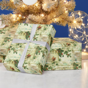 Vintage Christmas Holly and Birds  Wrapping Paper