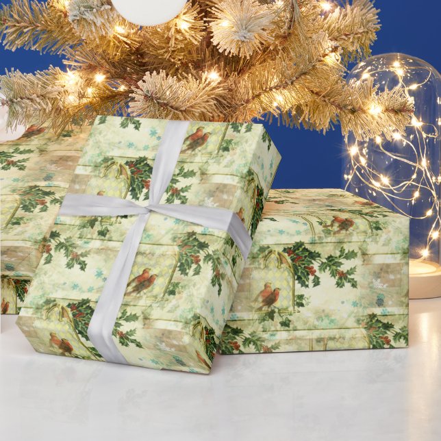 Vintage Christmas Holly and Birds  Wrapping Paper (Holidays)