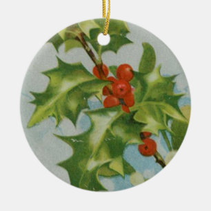 Vintage Christmas Holly Artwork Ceramic Tree Decoration