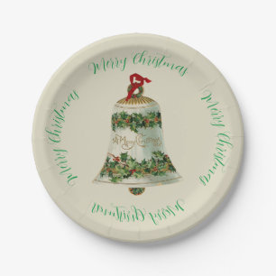 Vintage Christmas Holly Bell & Christmas greeting Paper Plate