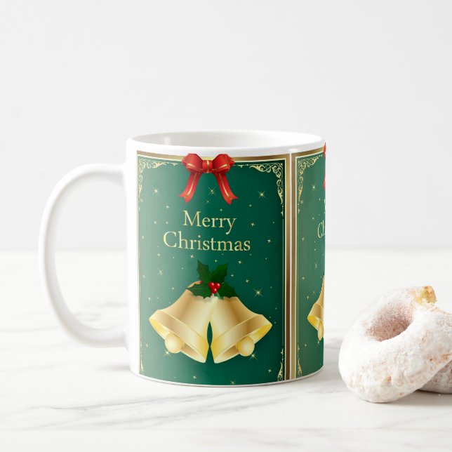 Vintage Christmas Holly Bells Ceramic Holiday Coffee Mug (With Donut)