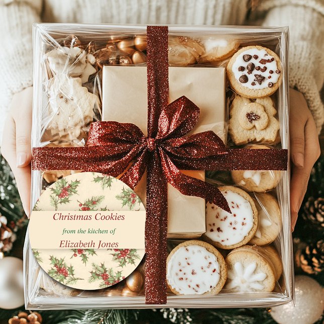 Vintage Christmas, Holly Berries, Custom Classic Round Sticker (Creator Uploaded)