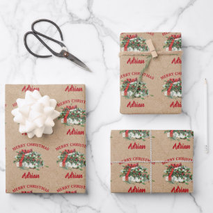 Vintage Christmas Holly Berries Custom Name Kraft Wrapping Paper Sheet