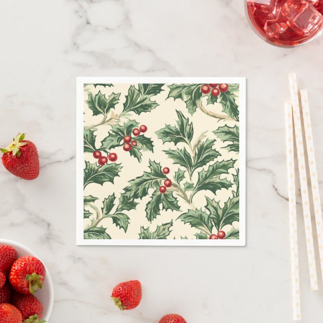 Vintage Christmas Holly Berries Pattern Decoupage Napkin (Insitu)