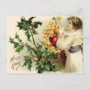 Vintage Christmas Holly Berry and Roses  Holiday Postcard