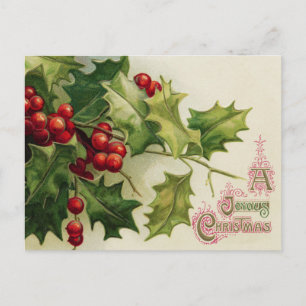 Vintage Christmas holly berry postcard