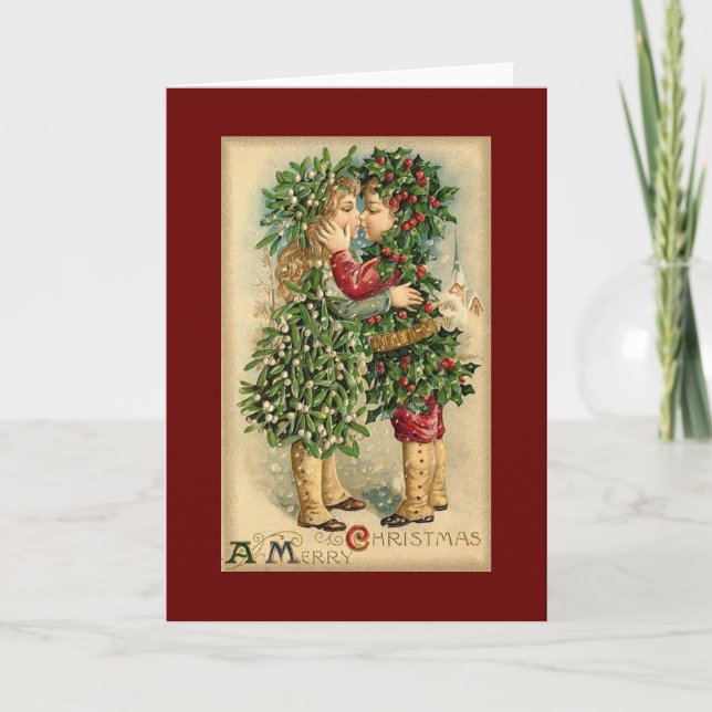 Vintage Christmas holly children love kissing Holiday Card (Front)
