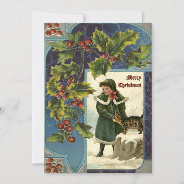 Vintage Christmas Holly & Girl with Cat Holiday Card (Front)