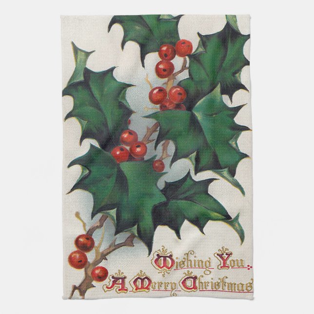 Vintage Christmas Holly kitchen towel (Vertical)