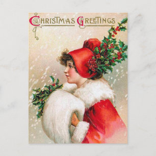 Vintage Christmas Holly Lady postcard