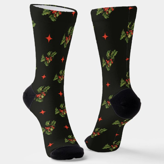Vintage Christmas Holly Leaves and Stars Pattern Socks (Angled)